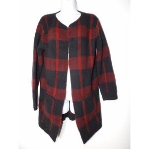 Dress Forum Cardigan Long Duster M/L Buffalo Plaid Red Black Duster Fuzzy Knit